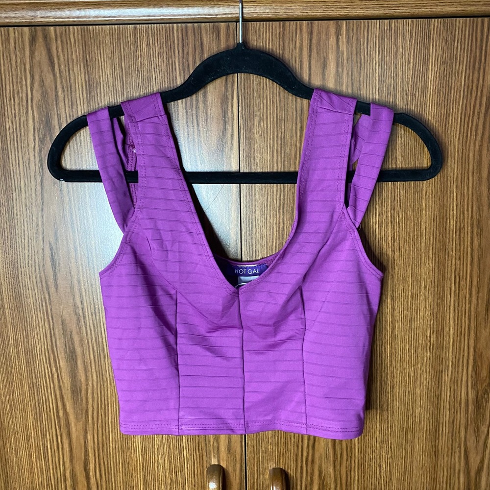 Hot Gal Crop Top Womens Small Purple Bandage V-Neck Multi-Strap Ribbed tank